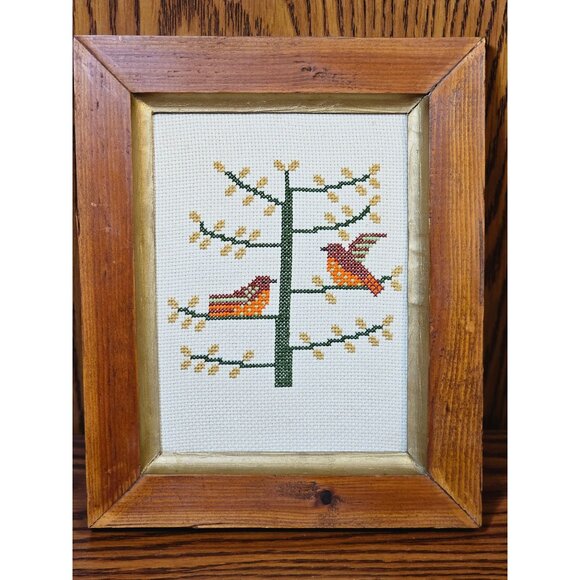 Vintage Cross-Stitch Bird Tree Art In Rustic Wood Frame - Picture 1 of 6
